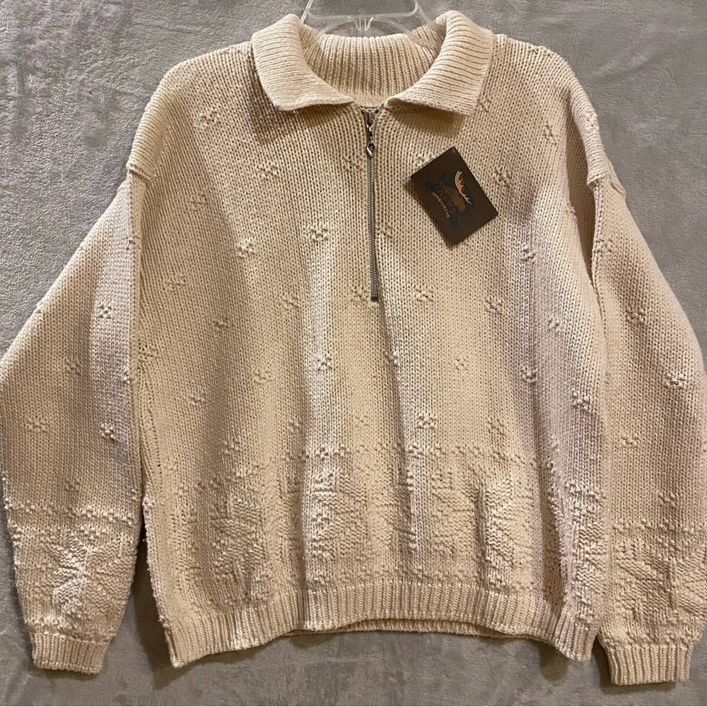 Frankenmuth Woolen Mill Sweater Women’s XL Natural 1/4 Zip Pullover Knitted New